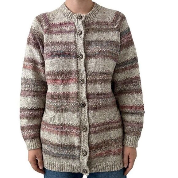 Hand Knit Womens Pastel 100% Wool Crew Neck Striped Hippie Rainbow Cardigan sz L - Picture 3 of 7